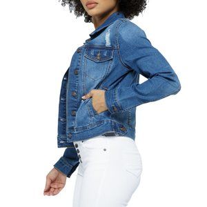 Women Denim Jacket With Med Blue Wash Color, Rips, Stretch Fabric